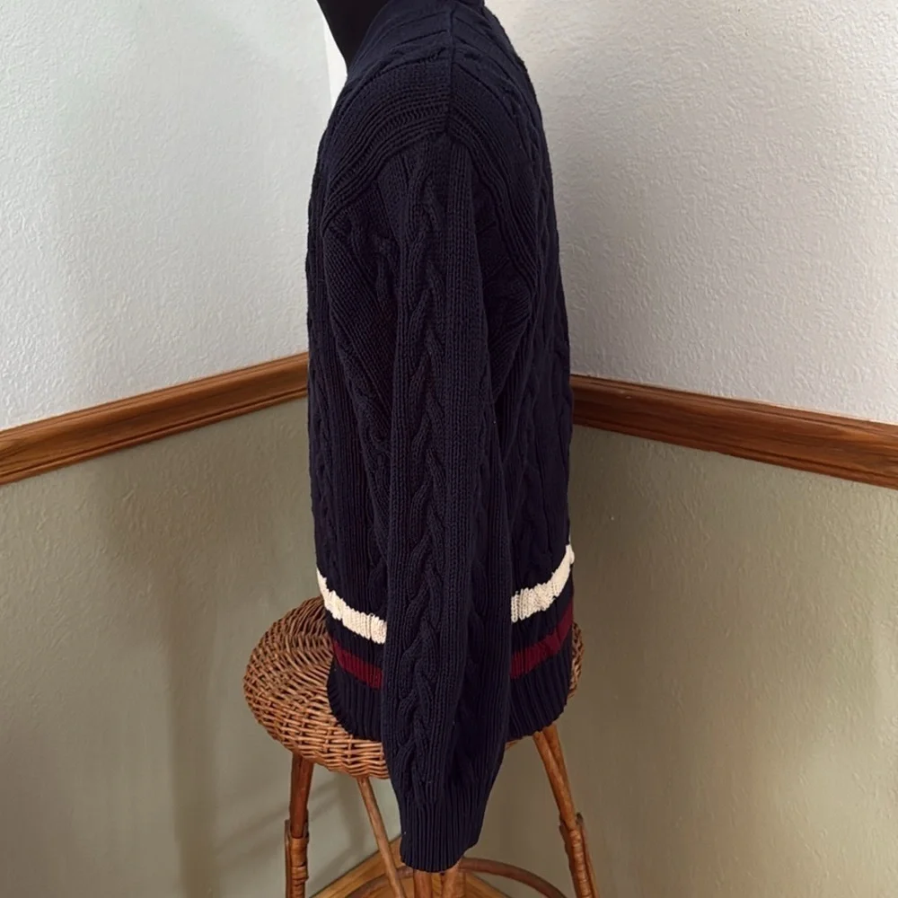 Vintage men’s Izod Cable Knit Collegiate Button Down Navy Blue Cardigan Large